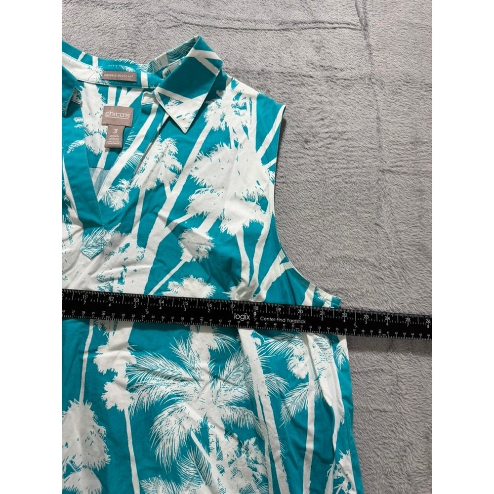 Chico's Sleeveless Blouse Womens Size 3 Teal Palm Print Tropical Resort - Picture 7 of 11